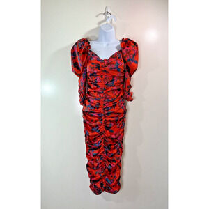 For Love & Lemons Womens Midi Dress Sz XS Red Floral Fairy Puff Sleeves Coquette